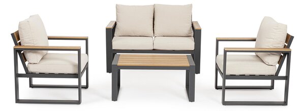 Set 4 Pezzi Salotto da Giardino con Divano 2 Poltrone e Tavolino in Alluminio e Polywood Leandro Antracite e Beige