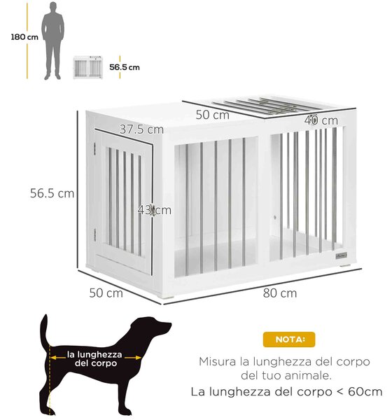 PawHut Casetta per Cani Taglia Media con 2 Porte Bloccabili, Gabbia in Acciaio e MDF, 80x50x56.5 cm, Bianco