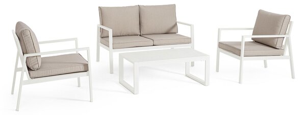 Set 4 Pezzi Salotto da Giardino con Divano 2 Poltrone e Tavolino in Alluminio e Spun Poly Hilde Bianco
