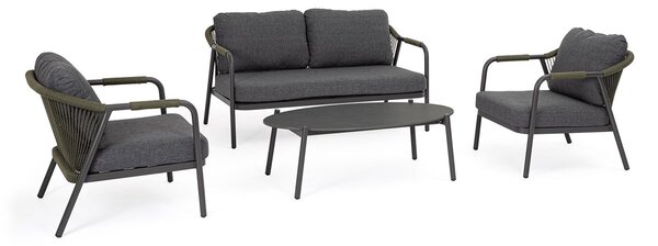 Set 4 Pezzi Salotto da Giardino con Divano 2 Poltrone e Tavolino in Alluminio Corda Poliestere e Pietra Sinterizzata Miravet Antracite e Verde