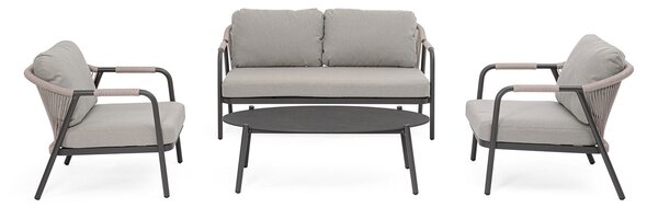 Set 4 Pezzi Salotto da Giardino con Divano 2 Poltrone e Tavolino in Alluminio Corda Poliestere e Pietra Sinterizzata Miravet Antracite e Cachi