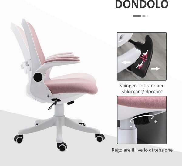 Vinsetto Sedia da Ufficio Ergonomica in Tessuto Effetto Velluto con Altezza Regolabile e Braccioli Sollevabili, 62.5x60x94-104 cm, Bianco e Rosa|Aosom