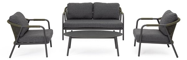 Set 4 Pezzi Salotto da Giardino con Divano 2 Poltrone e Tavolino in Alluminio Corda Poliestere e Pietra Sinterizzata Miravet Antracite e Verde