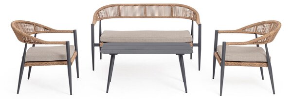 Set 4 Pezzi Salotto da Giardino con Divano 2 Poltrone e Tavolino in Alluminio e Fibra Sintetica Jandia Antracite e Naturale