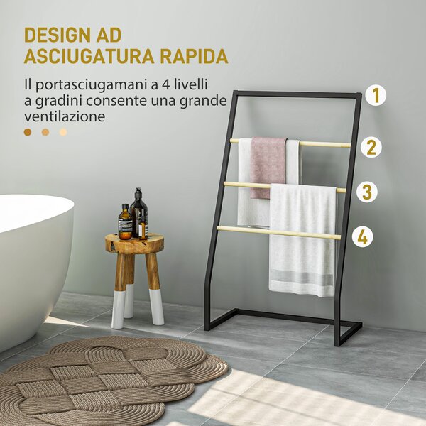 HOMCOM Portasciugamani a 4 Sbarre in Acciaio e Bambù, 60x35x102 cm, Nero e color Legno