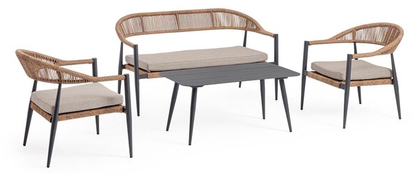 Set 4 Pezzi Salotto da Giardino con Divano 2 Poltrone e Tavolino in Alluminio e Fibra Sintetica Jandia Antracite e Naturale