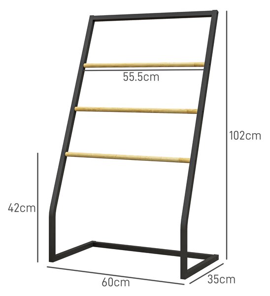 HOMCOM Portasciugamani a 4 Sbarre in Acciaio e Bambù, 60x35x102 cm, Nero e color Legno