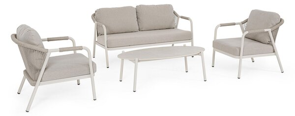 Set 4 Pezzi Salotto da Giardino con Divano 2 Poltrone e Tavolino in Alluminio Corda Poliestere e Pietra Sinterizzata Miravet Wall