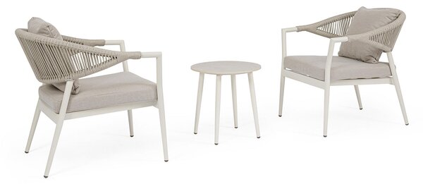 Set 3 Pezzi Salotto da Giardino con 2 Poltrone e Tavolino in Alluminio Corda Poliestere e Pietra Sinterizzata Millor Wall
