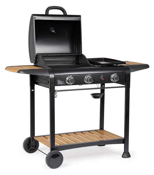 Barbecue a Gas 3 Bruciatori 133x57x98h cm Accensione Piezoelettrica in Acciaio Loni Nero