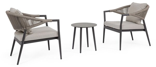 Set 3 Pezzi Salotto da Giardino con 2 Poltrone e Tavolino in Alluminio Corda Poliestere e Pietra Sinterizzata Millor Antracite e Cachi