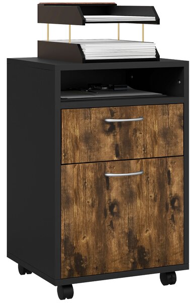 HOMCOM Cassettiera Portadocumenti con Cassetti e Ripiani, 4 Ruote, Maniglie in Metallo, Struttura in MDF, 40x35x60 cm, Marrone e Nero | Aosom Italy