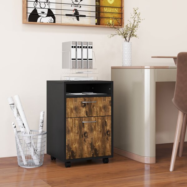HOMCOM Cassettiera Portadocumenti con Cassetti e Ripiani, 4 Ruote, Maniglie in Metallo, Struttura in MDF, 40x35x60 cm, Marrone e Nero | Aosom Italy