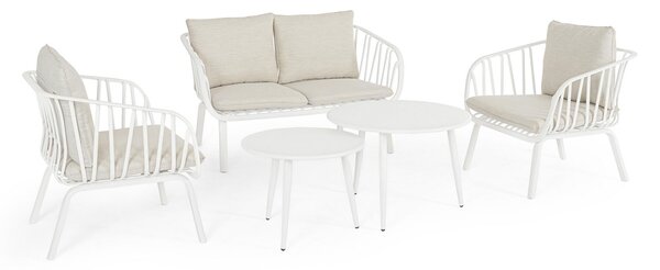 Set 5 Pezzi Salotto da Giardino con Divano 2 Poltrone e 2 Tavolini in Acciaio e PP Nixie Bianco