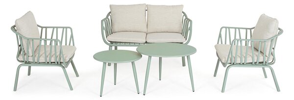 Set 5 Pezzi Salotto da Giardino con Divano 2 Poltrone e 2 Tavolini in Acciaio e PP Nixie Verde Salvia