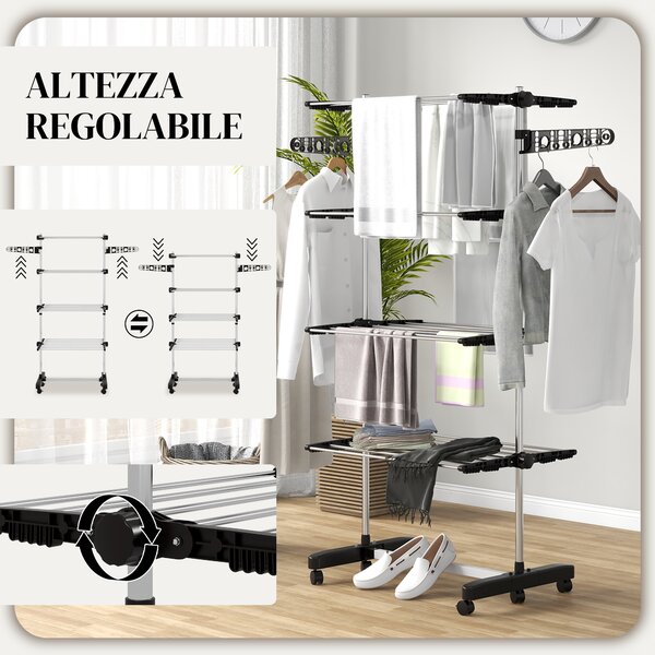 HOMCOM Stendino Verticale con 4 Ripiani Regolabili, in Acciaio e Plastica, 142x55x172 cm, Nero e Argento