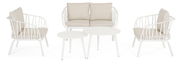 Set 5 Pezzi Salotto da Giardino con Divano 2 Poltrone e 2 Tavolini in Acciaio e PP Nixie Bianco