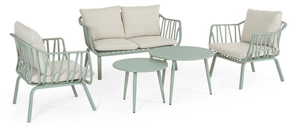 Set 5 Pezzi Salotto da Giardino con Divano 2 Poltrone e 2 Tavolini in Acciaio e PP Nixie Verde Salvia