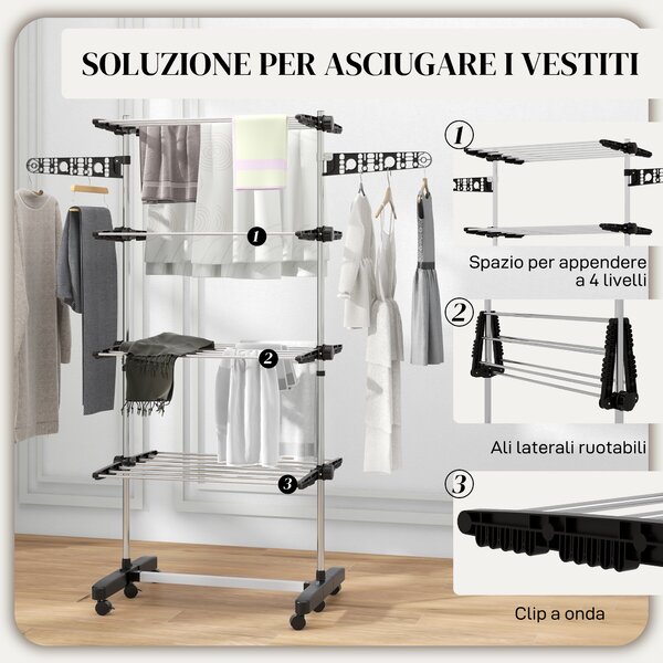 HOMCOM Stendino Verticale con 4 Ripiani Regolabili, in Acciaio e Plastica, 142x55x172 cm, Nero e Argento