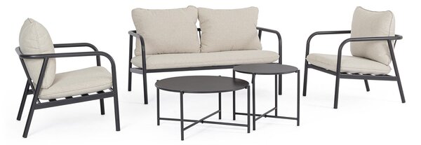 Set 5 Pezzi Salotto da Giardino con Divano 2 Poltrone e 2 Tavolini in Acciaio e Spunpoly Ostuni Antracite