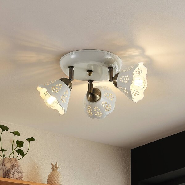 Lindby Efgenia faretto soffitto, 3 luci Lindby, dimmerabile, Bianco / Opale, Soggiorno / Sala da pranzo, Ceramica, Campagna / Rustiche, Faretto