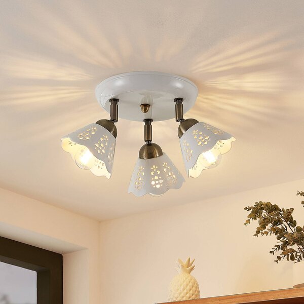 Lindby Efgenia faretto soffitto, 3 luci Lindby, dimmerabile, Bianco / Opale, Soggiorno / Sala da pranzo, Ceramica, Campagna / Rustiche, Faretto