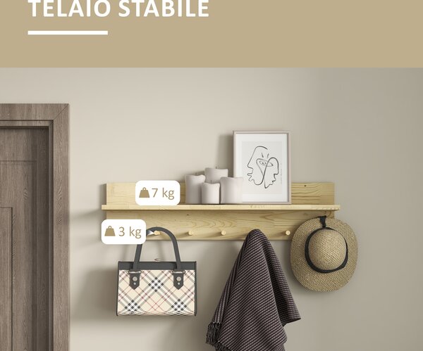 HOMCOM Mensola da Parete in Legno di Abete con 7 Ganci per Ingresso e Soggiorno, 80x12x20 cm|Aosom