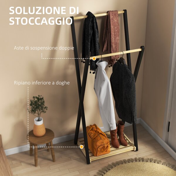 HOMCOM Appendiabiti da Terra in Legno con 2 Barre e Ripiano Inferiore Design Moderno, 61x45x152cm|Aosom