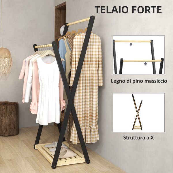 HOMCOM Appendiabiti da Terra in Legno con 2 Barre e Ripiano Inferiore Design Moderno, 61x45x152cm|Aosom