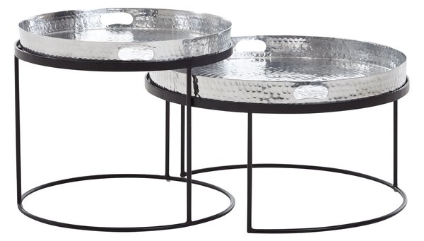 Set di 2 tavolini tondi in metallo martellato argento/nero | Wohnling