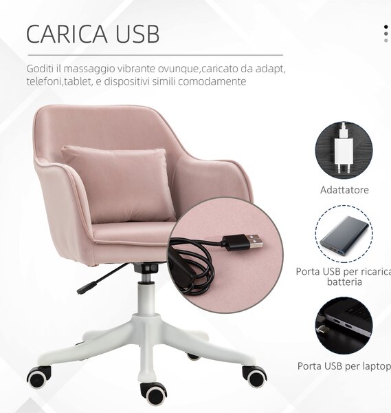 Vinsetto Sedia da Ufficio Massaggiante a 2 Punti con Cuscino e Braccioli, in Tessuto, 57x70x78-86 cm, Rosa