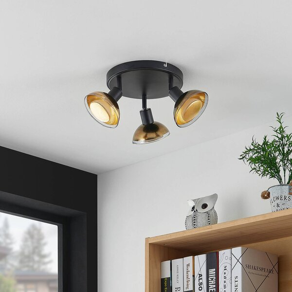 Lindby Erin, faretto da soffitto, nero/oro, Ø 22 cm, vetro