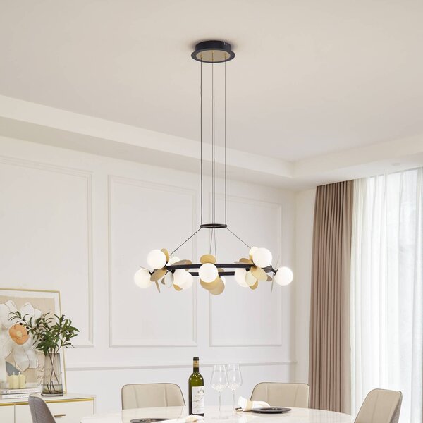Lucande Lampada a sospensione Pallo, 12 luci, nero/oro, vetro Pallo Lucande, dimmerabile, Nero, Soggiorno / Sala da pranzo, Metallo, Moderno