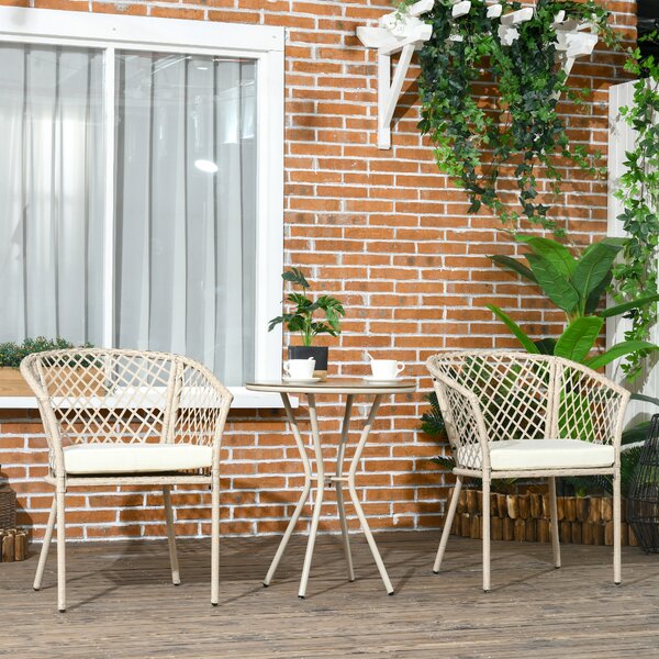 Outsunny Set da Giardino in Rattan con 2 Poltroncine con Cuscini e Tavolino da Caffè in Vetro, Khaki|Aosom