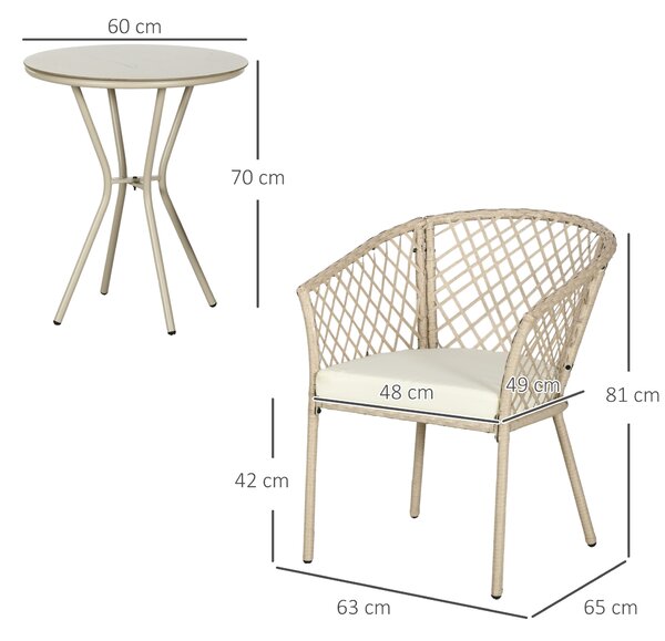 Outsunny Set da Giardino in Rattan con 2 Poltroncine con Cuscini e Tavolino da Caffè in Vetro, Khaki|Aosom