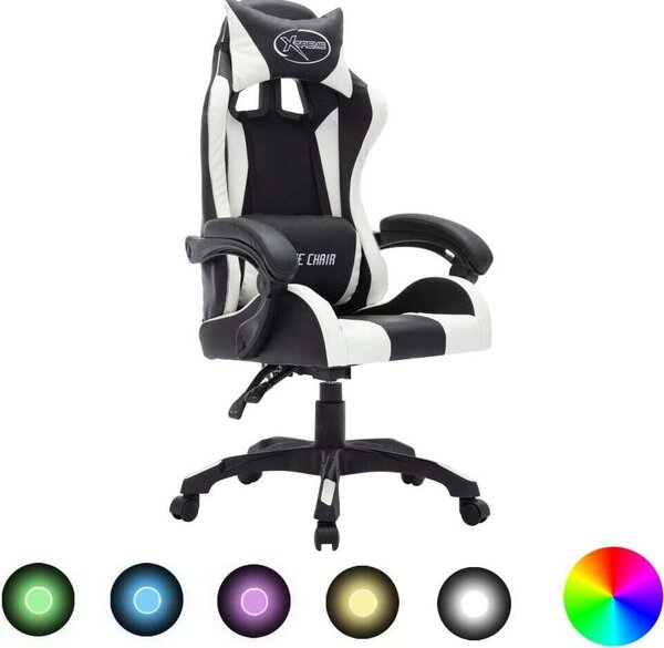 Sedia da gioco con luci LED RGB in ecopelle bianca e nera