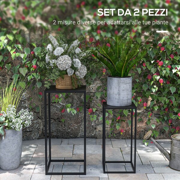 Outsunny Tavolino Portapiante Set 2 Pezzi in Acciaio per Interni ed Esterni, 25x25x58.5 cm e 31x31x65 cm, Nero