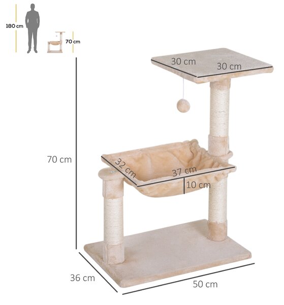 PawHut Torre per Gatti max 3.6kg con Amaca e Pallina Appesa, in Legno e Peluche, 50x36x70 cm, Beige|Aosom