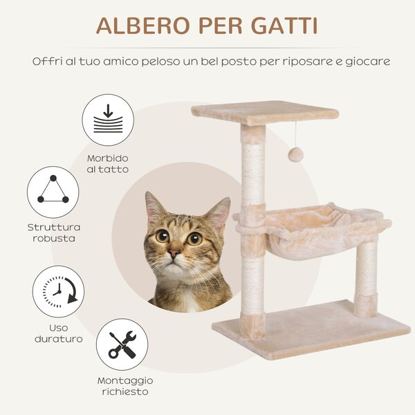 PawHut Torre per Gatti max 3.6kg con Amaca e Pallina Appesa, in Legno e Peluche, 50x36x70 cm, Beige|Aosom