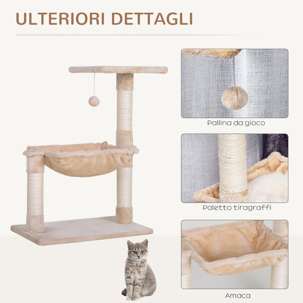 PawHut Torre per Gatti max 3.6kg con Amaca e Pallina Appesa, in Legno e Peluche, 50x36x70 cm, Beige|Aosom