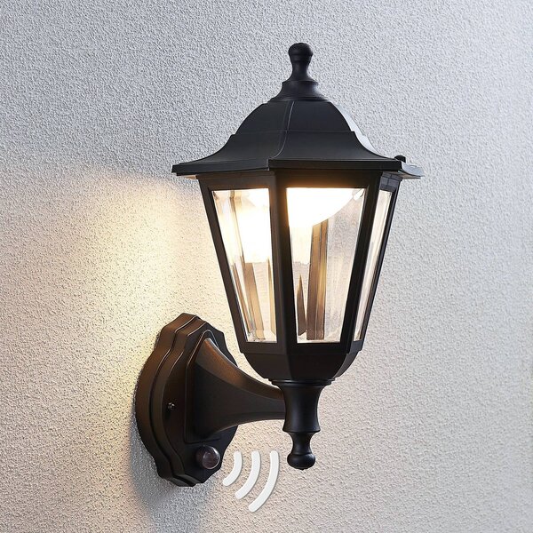 Lindby Applique da esterni LED Iavo, sensore, nero, lanterna Iavo, Nero, Plastica, Antico