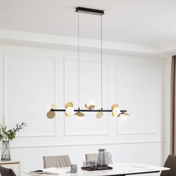 Lucande Lampada a sospensione Pallo, 7 luci, nero/oro, vetro Pallo Lucande, dimmerabile, Nero, Soggiorno / Sala da pranzo, Metallo, Moderno