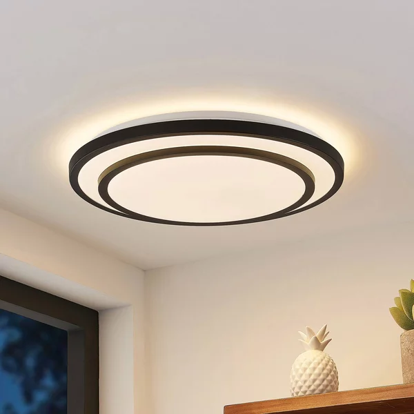 Plafoniera a LED Essina Lindby, dimmerabile, Nero, Soggiorno / Sala da pranzo, Metallo, Moderno, Plafoniera LED