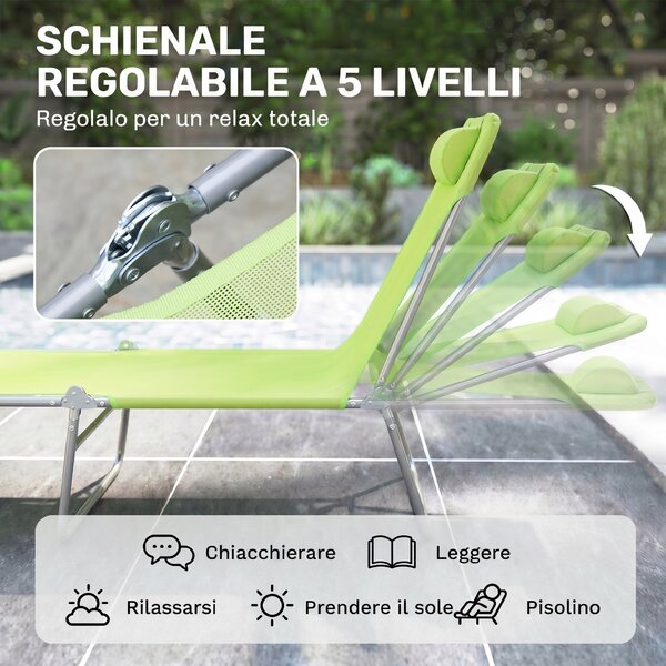 Outsunny Lettino da Giardino Pieghevole, Schienale Reclinabile, Cuscino Incluso, Lettino Prendisole, 182x56x24.5cm, Verde|Aosom