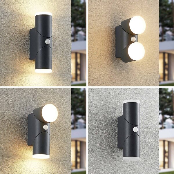 Lindby Aspyn applique LED esterni, 2 luci, sensore, Nero, Alluminio, Moderno