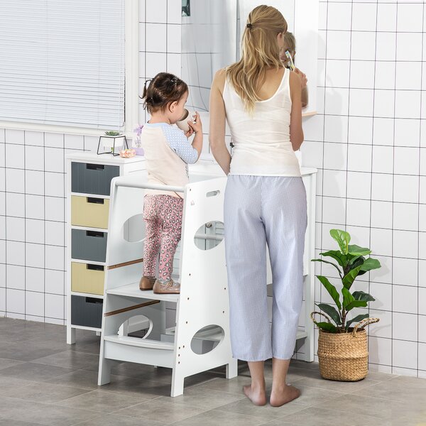 HOMCOM Torre di Apprendimento Montessoriana Regolabile in Altezza con 3 Livelli per Bambini in Legno MDF Bianco Ideale per Sviluppo e Sicurezza|Aosom