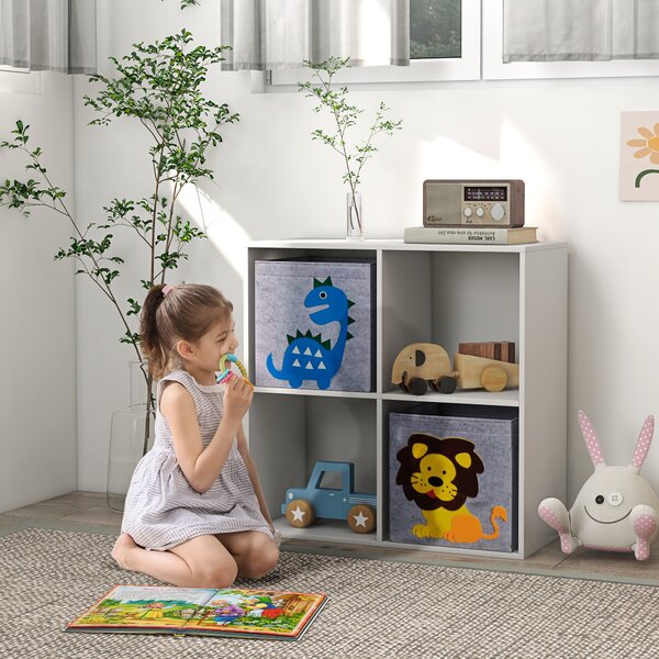 ZONEKIZ Scaffale Portagiochi per Bambini con 4 Scomparti e Contenitori, 61.8x29.9x61.8cm, Bianco|Aosom