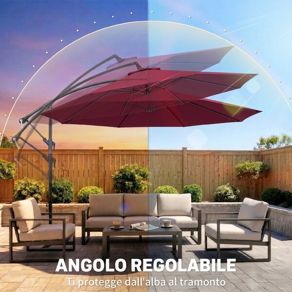 Outsunny Ombrellone da Giardino Decentrato Φ2.95m con Struttura in Metallo, 8 Braccia, Manovella, Base a Croce, Rosso Scuro | Aosom