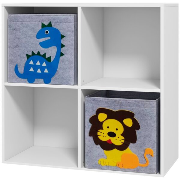 ZONEKIZ Scaffale Portagiochi per Bambini con 4 Scomparti e Contenitori, 61.8x29.9x61.8cm, Bianco|Aosom