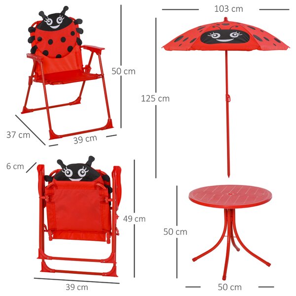 Outsunny Set Tavolo da Giardino con 2 Sedie Pieghevoli e Ombrellone per Bambini in Metallo e Poliestere, Rosso|Aosom